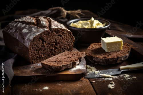 A loaf of traditional Pumpernickel bread, a bowl of butter and a bread knife on a rustic table setting