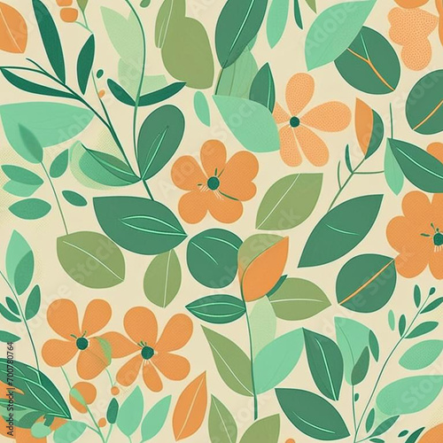 Orange, green and beige watercolor flowers with stems and leaves. Watercolor art background.
