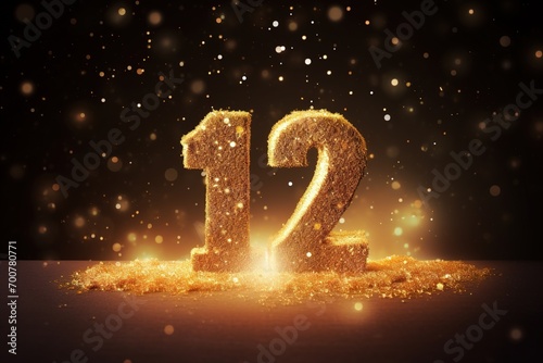 Golden sparkling number twelve on dark background with bokeh lights. Symbol 12. Invitation for a twelfth birthday party or business anniversary. photo