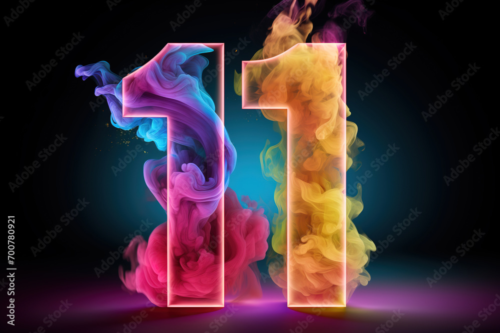 Colorful number eleven with vibrant smoke on black background. Symbol