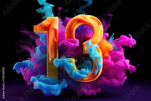 Colorful number thirteen with vibrant smoke on black background. Symbol 13. Invitation for a thirteenth birthday party or business anniversary. Neon light and colors. photo