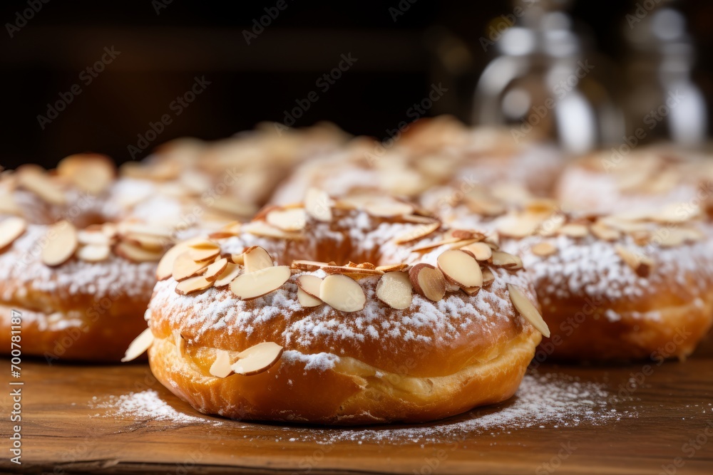 An enticing image of a freshly made Paris-Brest, a classic French pastry, topped with almonds and powdered sugar, on a rustic table setting