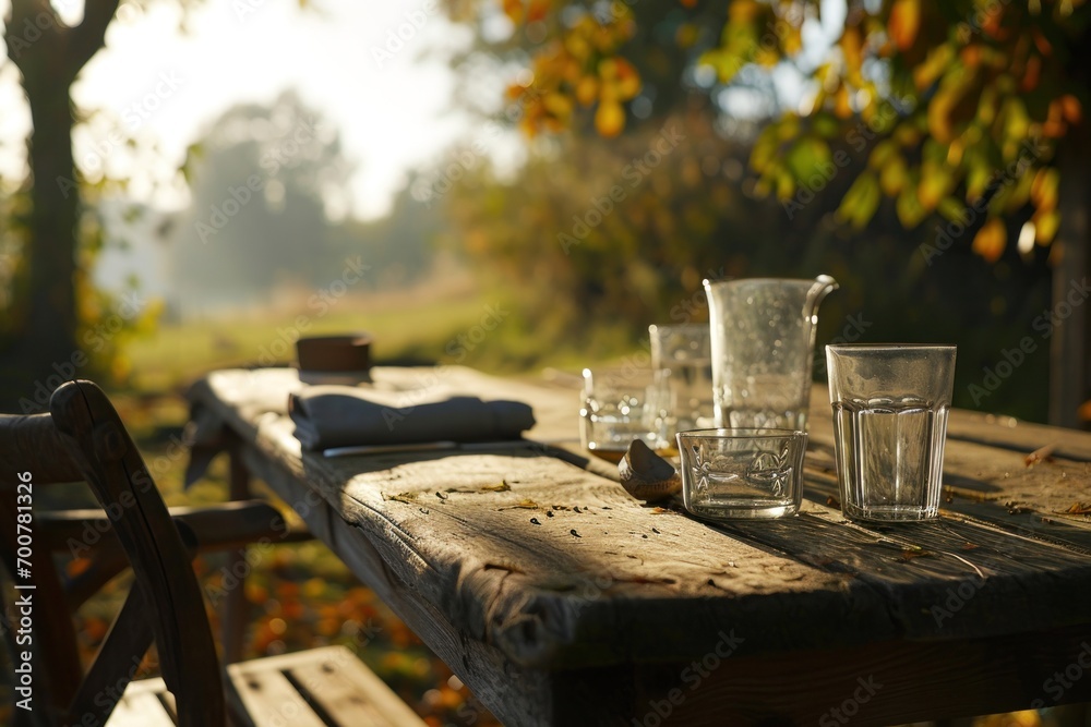 this image shows a wooden table, chairs and glasses outdoors in the fall