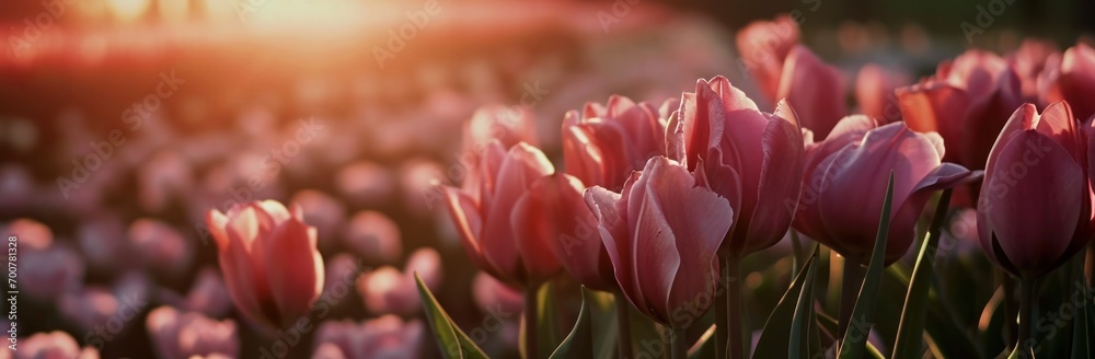 the pink tulips in a bed are in front of a sunset scene, - obrazy, fototapety, plakaty 