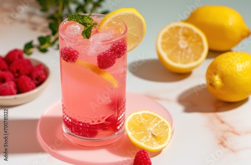 the raspberries and lemonade is garnished with lemons and raspberries