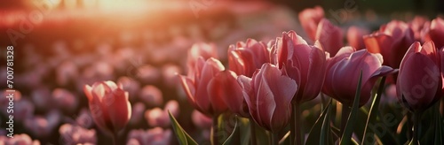 the pink tulips in a bed are in front of a sunset scene, photo