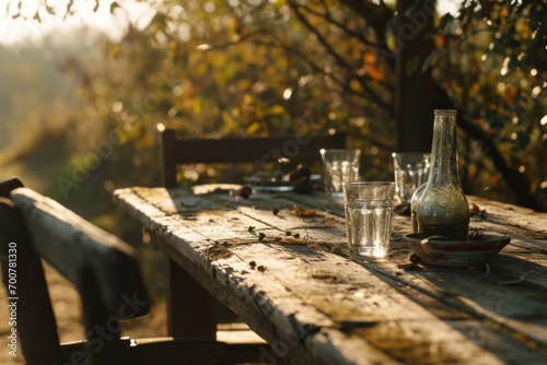 this image shows a wooden table, chairs and glasses outdoors in the fall