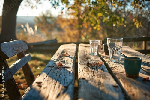 this image shows a wooden table, chairs and glasses outdoors in the fall