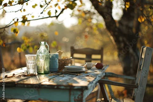 this image shows a wooden table, chairs and glasses outdoors in the fall