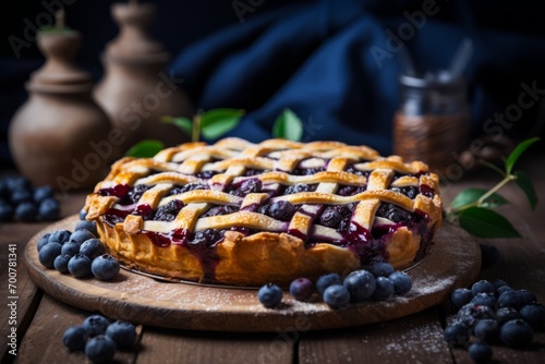 A traditional American blueberry pie, cooling on a rustic table, promising a sweet and delicious treat