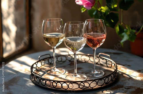 three french white wine glasses with two wrought iron finials on an antique t...