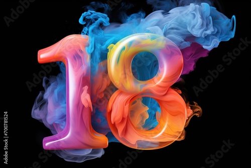 Colorful number eighteen with vibrant smoke on black background. Symbol 18. Invitation for a eighteenth birthday party or business anniversary. Neon light and colors. photo
