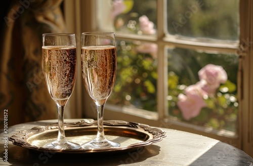 two glasses of champagne on tray by window in france wine
