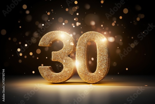 Golden sparkling number thirty on dark background with bokeh lights. Symbol 30. Invitation for a thirtieth birthday party or business anniversary. photo