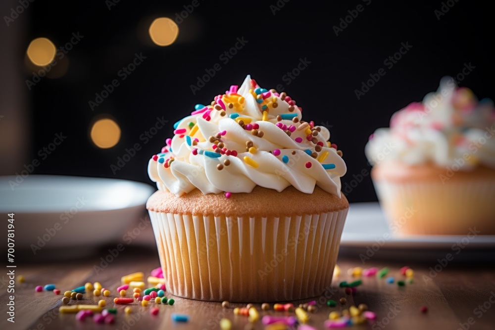 A delectable vanilla cupcake sprinkled with rainbow colors, nestled on a wooden table in a softly lit, inviting kitchen A delectable vanilla cupcake sprinkled with rainbow colors, nestled on a wooden table in a softly lit, inviting kitchen