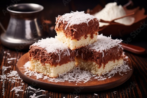 A mouthwatering Lamington, a popular Australian dessert with a sponge cake base, chocolate covering, and coconut sprinkles, set on a charming rustic table