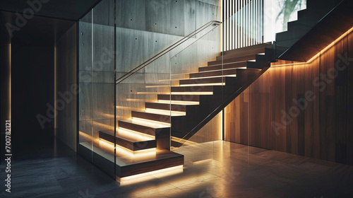 A modern wooden staircase with a bold contrast of dark and light wood hues, framed by glass railings and softly lit by LED strips under the handrails. photo