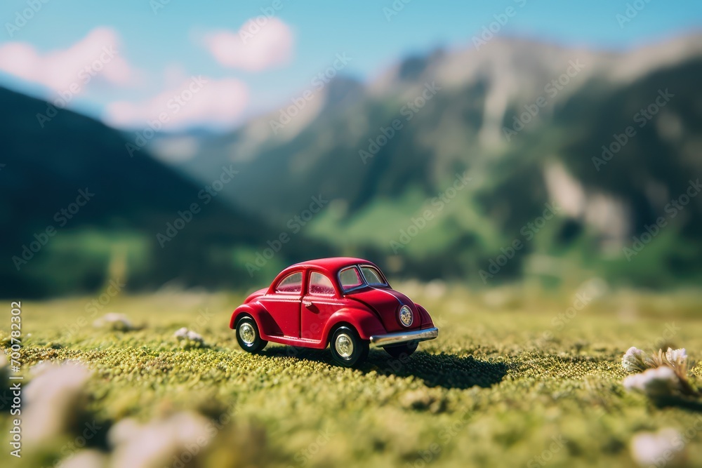 Red toy retro car. Generative AI