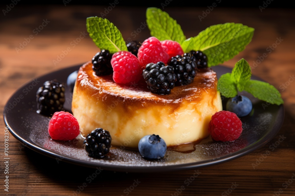 A delightful serving of Torta de Nata, a classic Portuguese cream cake, adorned with fresh berries and mint leaves A delightful serving of Torta de Nata, a classic Portuguese cream cake, adorned with fresh berries and mint leaves