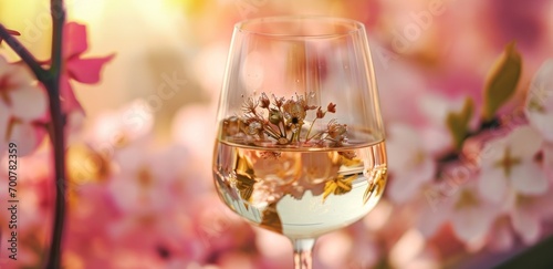 white wine in a glass near pink blossoms