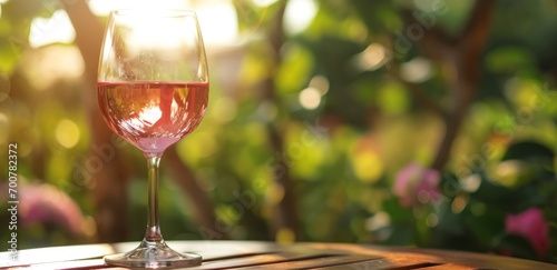 wine glass of pink wine on a table in the summer garden