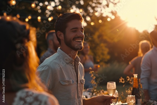 young man smiling with his friends at outdoor barbecue happy