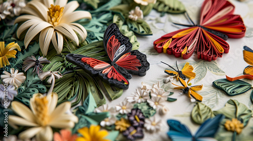 A paper quilling artwork featuring a detailed depiction of a butterfly garden  with various species of butterflies and flowers  against a Toile background with intricate leaf patterns.