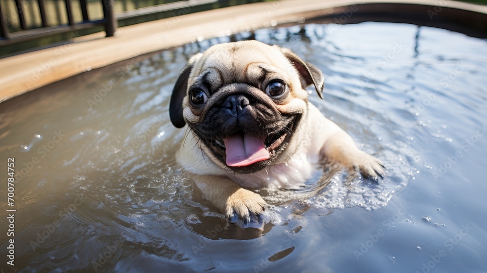 Delightful pug with an infectious smile luxuriating in a refreshing bathtub relaxation session