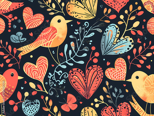 seamless pattern with love birds and hearts, generative ai photo