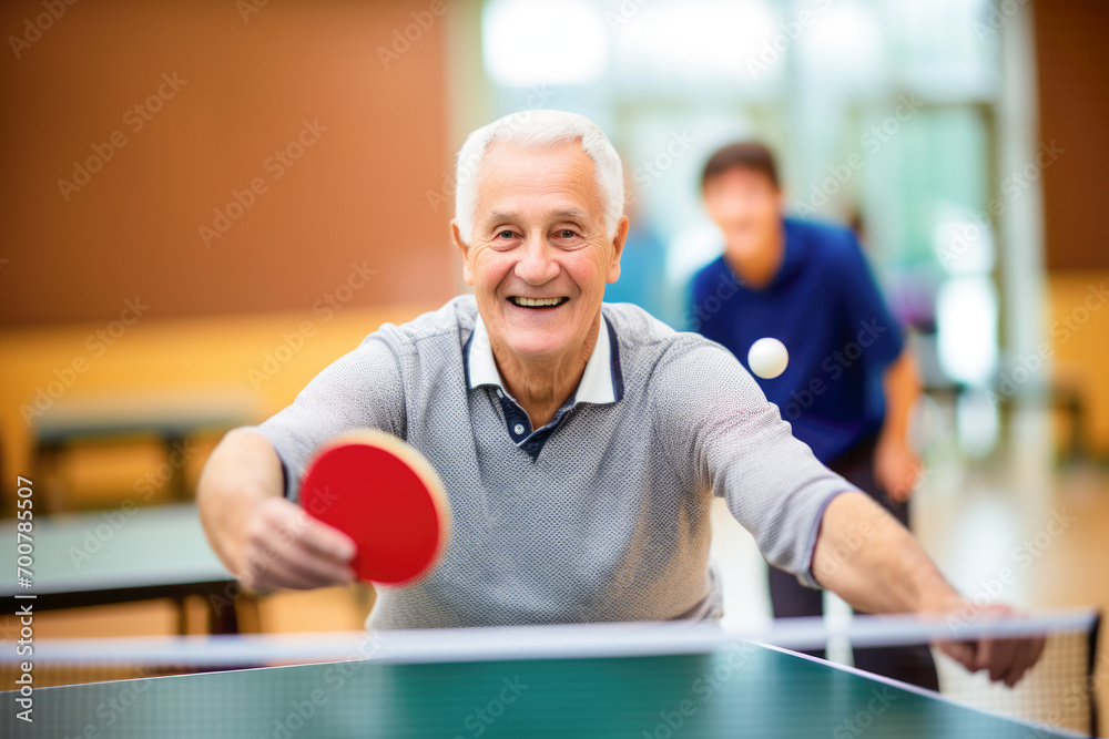 the happiness of a multigenerational family playing table tennis together, with the grandfather sharing his passion for the sport.