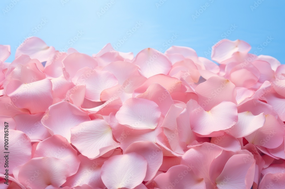 Pink rose petals on blue background
