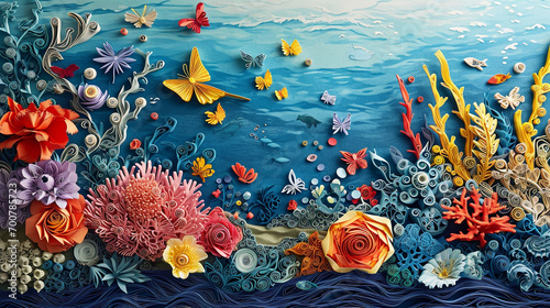 A paper quilling art piece showing a vibrant coral reef with diverse marine life, set against a Toile backdrop that incorporates butterflies as part of the underwater scene. photo