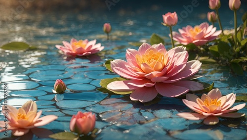 Pink lotus flower on the water in the pool with reflection. Generative AI.