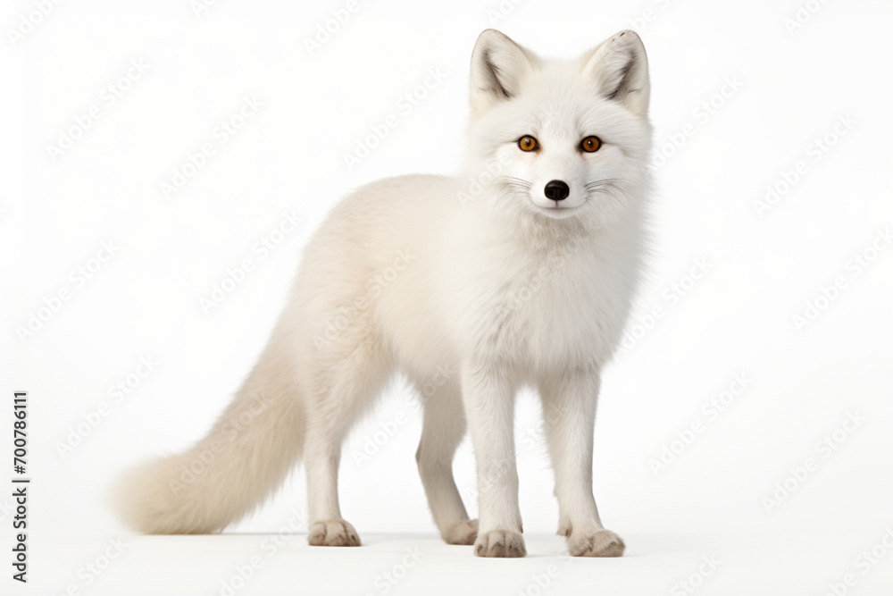 Fototapeta premium Arctic Fox standing on a white background. Animal side portrait.