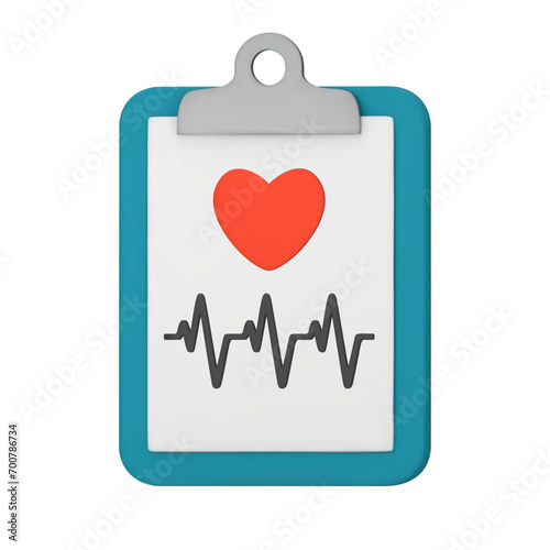 3d medical document with heart and cardiogram. Heart diagnostic, electrocardiography service, ECG procedure. Healthcare, Medical icon. 3D vector illustration isolated on white background.
