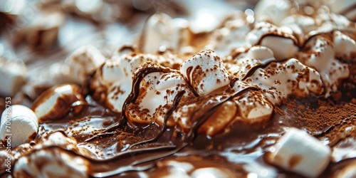 Melted chocolate with marshmallows macro textured background