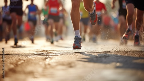 Close up photo of lower body of a group of runners running in a road race or marathon run contest