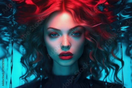 A woman with red hair and blue eyes. Generative AI. © Natalia
