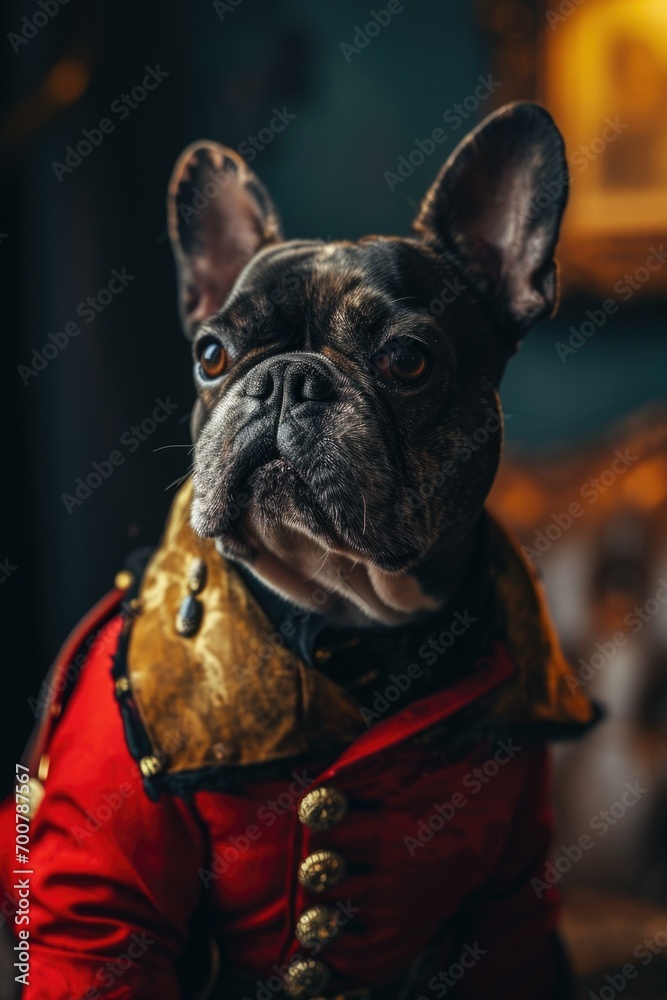 A french bulldog dressed in a red jacket. Generative AI.