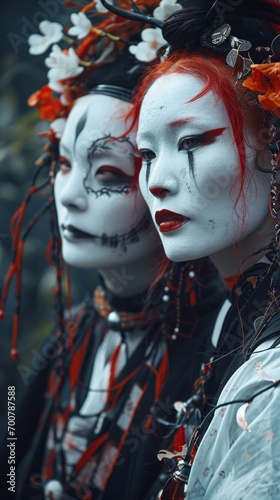 Two women dressed in traditional japanese makeup. Generative AI.