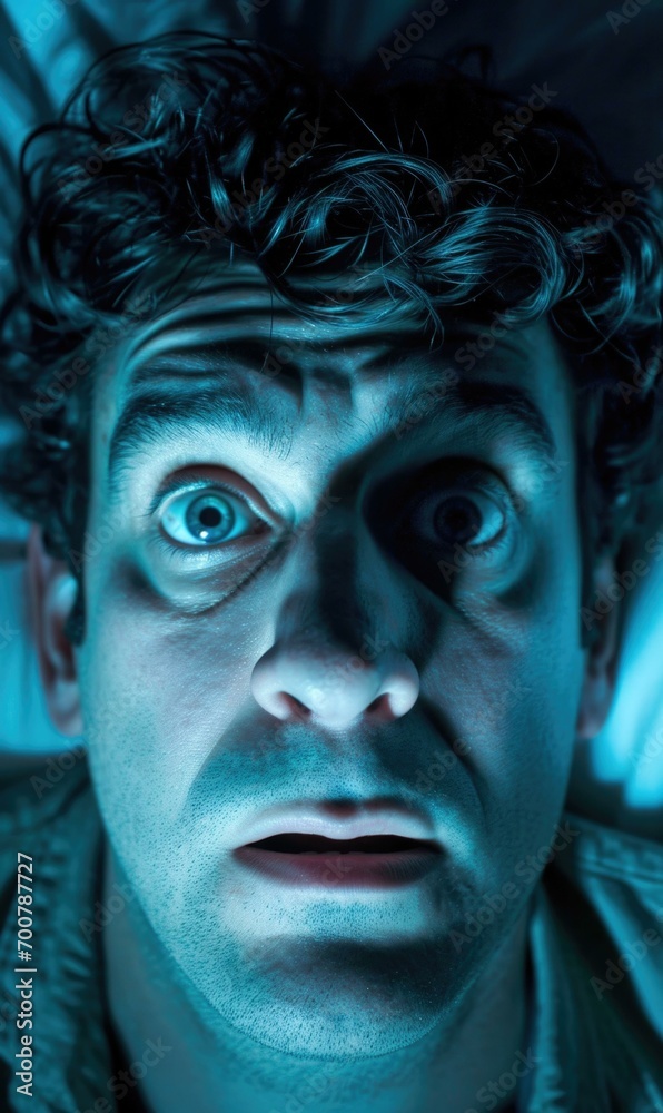 A man with blue eyes in a dark room. Generative AI.