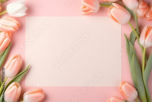 Beautiful pink tulips on pastel pink background. Concept Women's Day, March 8. 8th march. Flat lay, top view, copy space