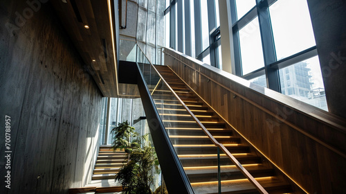 A chic, two-tone wooden staircase with dark and light wood panels, glass sides, and LED strips under the handrails, in a minimalist, airy setting.