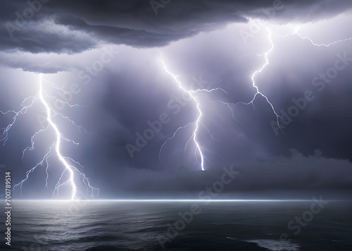 Stormy weather Thunderstorm rages over a natural disaster on the sea or ocean Generative AI © LIUBOMYR