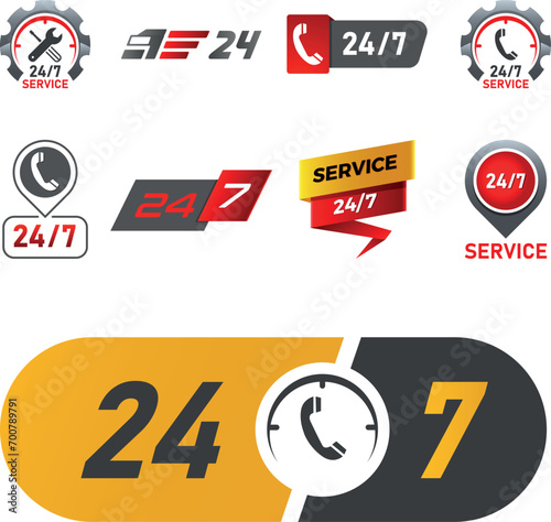 Servicehotline, 24 Stunden und 7 Tage, Rund um die Uhr, Support, technicher Service, Lieferung - Icon, Button Set