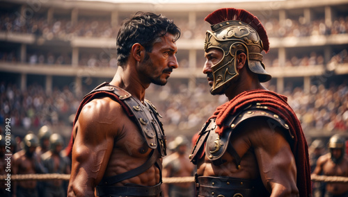 Two soldiers face each other in an arena.