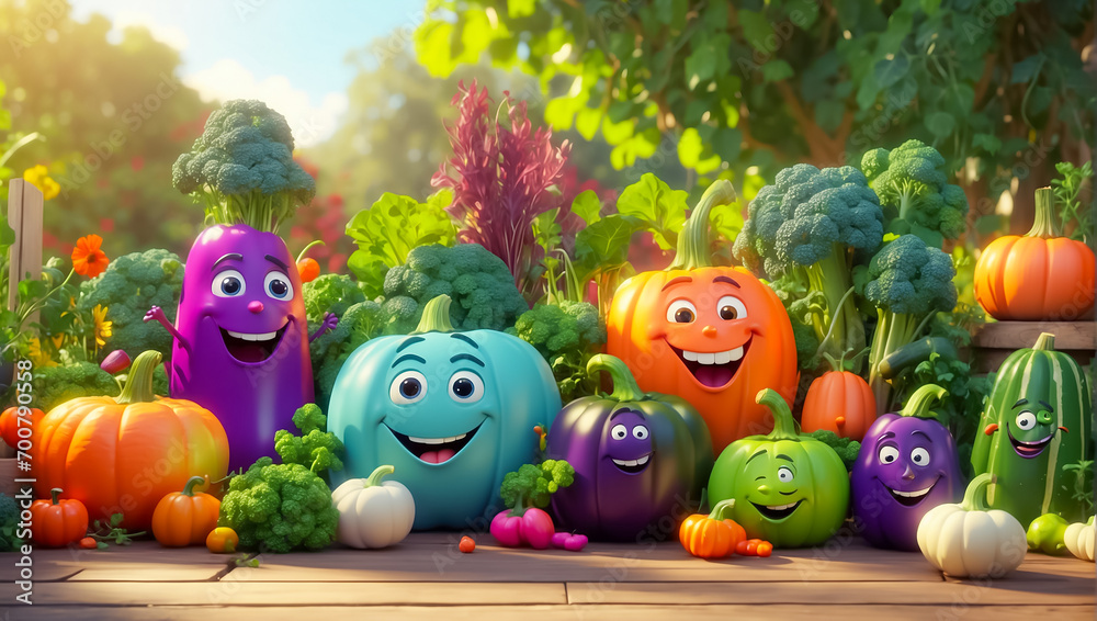 Cute cartoon funny vegetables in the garden nutrition