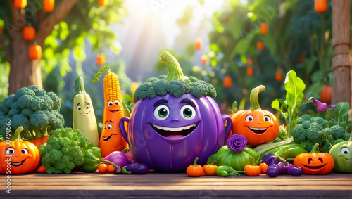 Cute cartoon funny vegetables in the garden emotion