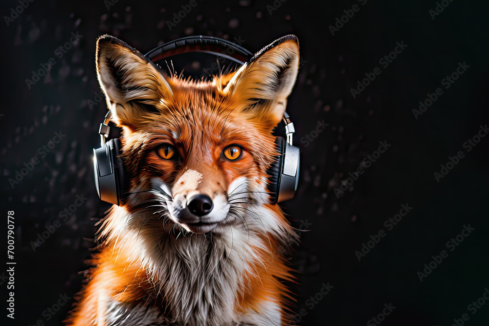 Fox in headphones isolated on black background. Listen to music. Cover for design of music releases, albums and advertising. Music lover background. DJ concept.