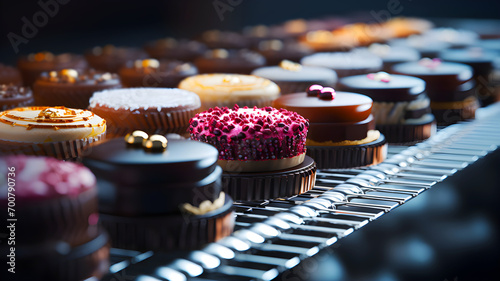 variety of exquisite cakes on a conveyor belt, each with unique decorations and toppings, suggesting a high-quality dessert production line photo